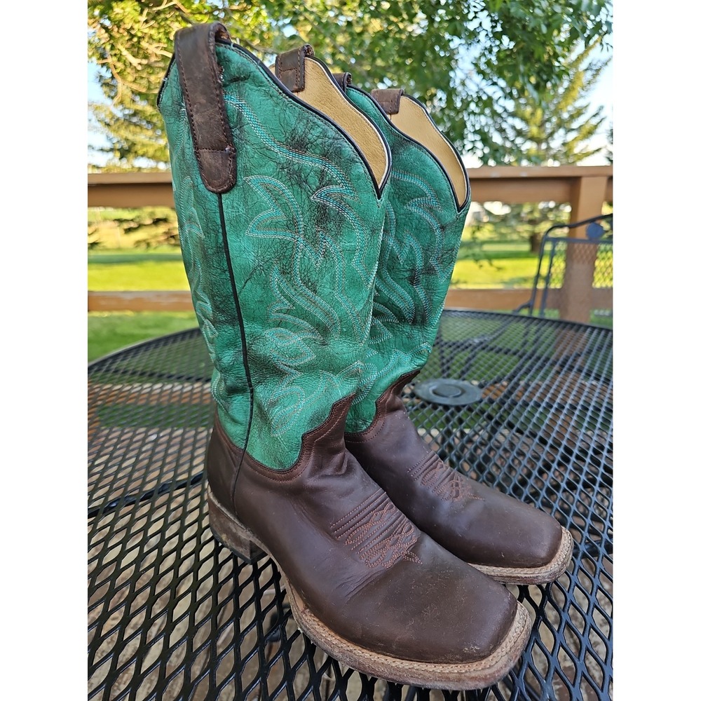Roper Men's Western Cowboy Boots Brown Turquoise Embroidered 8.5 Handmade Mexico
